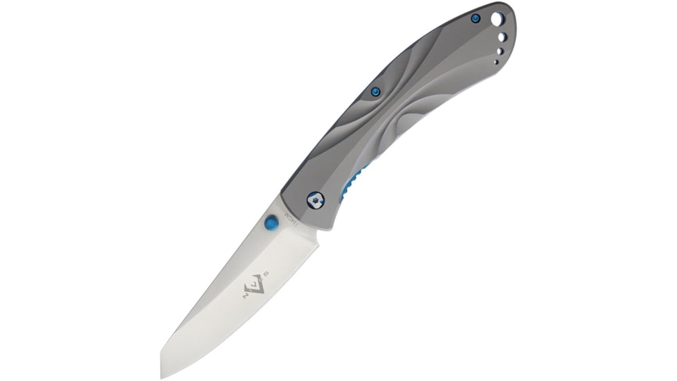 V NIVES Poseidon Linerlock Folding Knife, 4.75in Closed, 3.5in Satin 154Cm SS Blade, Gray Sculpted Titanium Handle, Thumb Stud, Pocket Clip, Storage Case., V04TIP