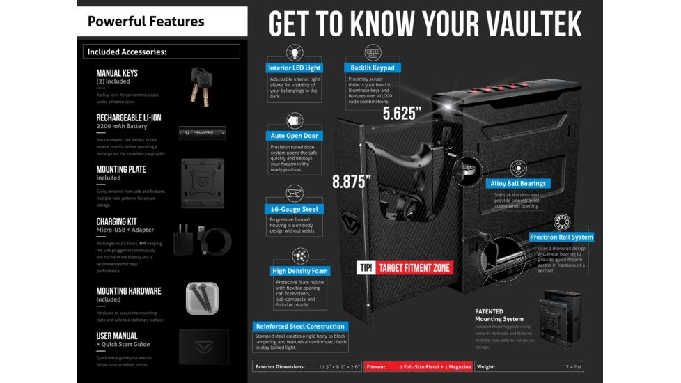 Vaultek Safe NSL20 Slider WiFi Pistol Vault, Covert Black NSL20-BK