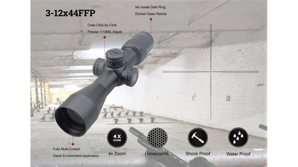 Vector Optics Veyron Rifle Scope, 3-12x44mm, First Focal Plane, 30mm Tube, MPR-4 Non-Illuminated Reticle, 6061-T6, Black, SCFF-21