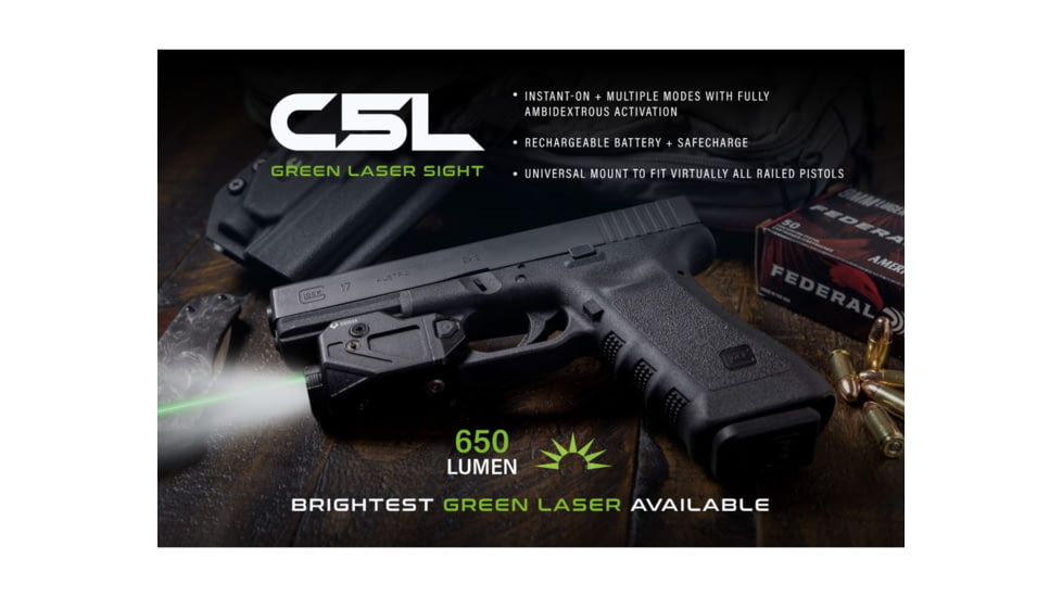 Viridian Weapon Technologies C5L Custom 580 Lumen LED Green Laser Tactical Light w/ INSTANT-ON &amp; SafeCharge Power Bank, Lithium Ion, Black, 930-0058