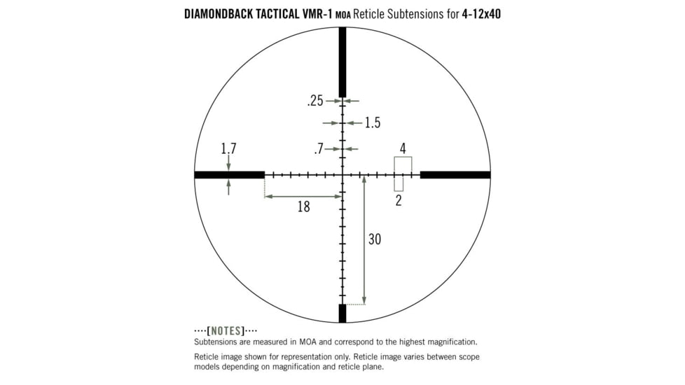 Vortex Diamondback Tactical 4-12x40mm Rifle Scope, 1in Tube, Second Focal Plane, Black, Hard Anodized, Non-Illuminated VMR-1 MOA Reticle, MOA Adjustment, DBK-10025