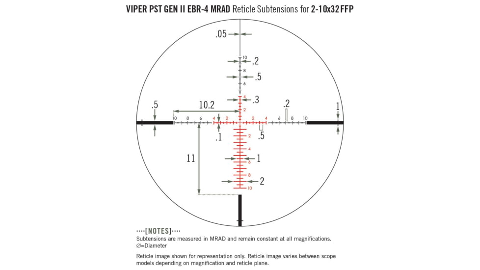 Vortex Viper PST Gen II 2-10x32mm Rifle Scope, 30mm Tube, First Focal Plane, Black, Hard Anodized, Red EBR-4 MRAD Reticle, Mil Rad Adjustment, PST-2105