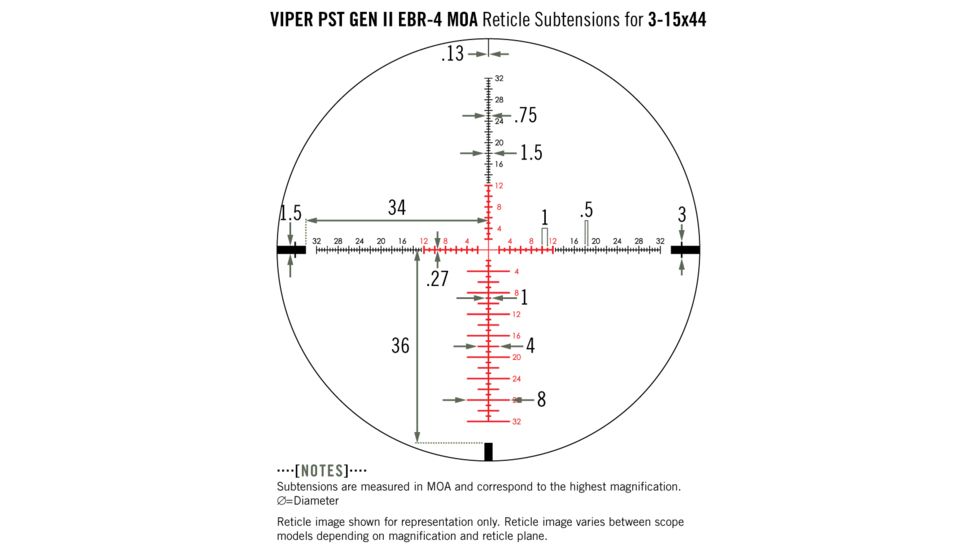Vortex Viper PST Gen II 3-15x44 mm Rifle Scope, 30 mm Tube, Second Focal Plane, Black, Hard Anodized, Red EBR-4 MOA Reticle, MOA Adjustment, PST-3151