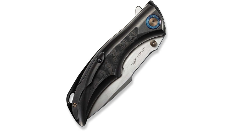 We Knife Co Ltd Tighe Down Flipper &amp; Thumb Stud &amp; Button Lock Knife Polished Gray Orange Peel Textured Titanium Integral Handle With Rose Carbon Fiber Inlay