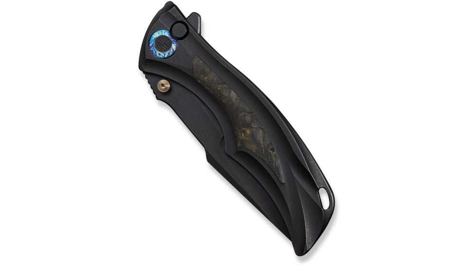 We Knife Co Ltd Tighe Down Flipper &amp; Thumb Stud &amp; Button Lock Knife Black Titanium Integral Handle With Black &amp; Yellow Carbon Fiber Inlay 4inch Black Stonewashed Bohler M390 Blade, Tanto