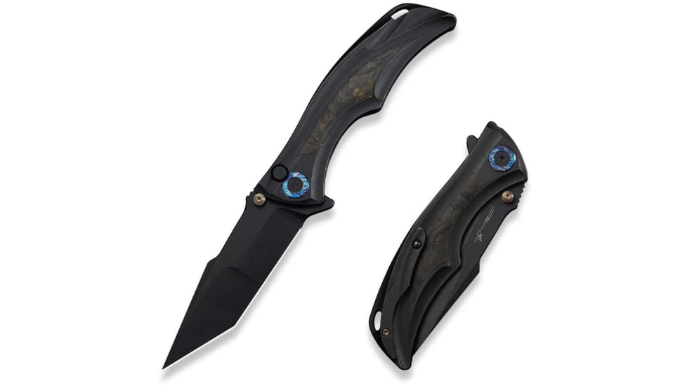 We Knife Co Ltd Tighe Down Flipper &amp; Thumb Stud &amp; Button Lock Knife Black Titanium Integral Handle With Black &amp; Yellow Carbon Fiber Inlay 4inch Black Stonewashed Bohler M390 Blade, Tanto