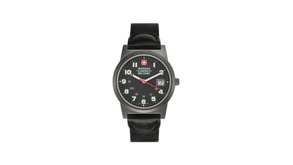 Wenger Classic Field Watch Mens Gun Metal Black Dial w/ Blk Nyl Strap 72815