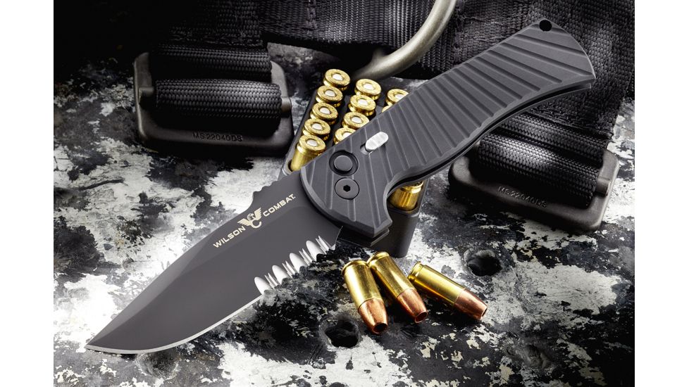 Wilson Combat Pro Tech, Eagle Automatic by Les George, Matte Black DLC Blade Finish, Serrated, Matte Black, WTK-EAGLE-AB-S