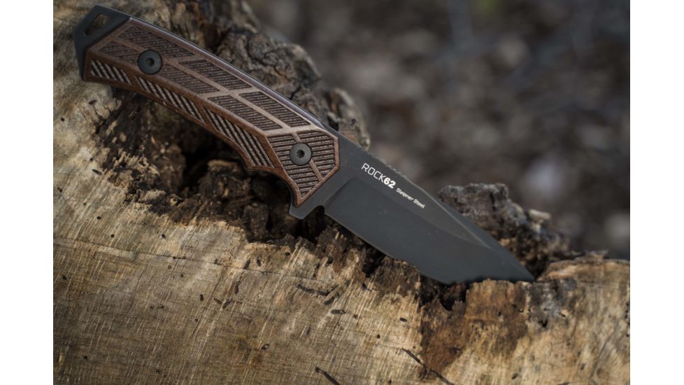 WOOX Rock 62 Fixed Blade Knife, 4.25 in, Drop Point, Mil-Spec Grey, Sleipner Steel Blade, Engraved American Walnut Handle, BU.KNF001.02