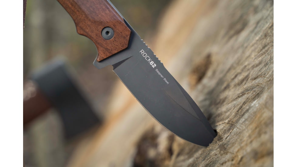WOOX Rock 62 Fixed Blade Knife, 4.25 in, Drop Point, Mil-Spec Black, Sleipner Steel Blade, Plain American Walnut Handle, BU.KNF001.01