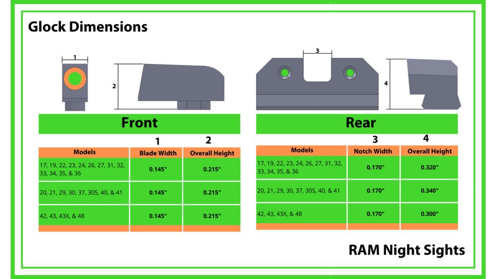 XS Sight Systems R3D Night Sights, Tritium, Green, Glock 20/ 21/ 29/ 30/ 30S/ 37/ 41, Black, GL-R013P-6G